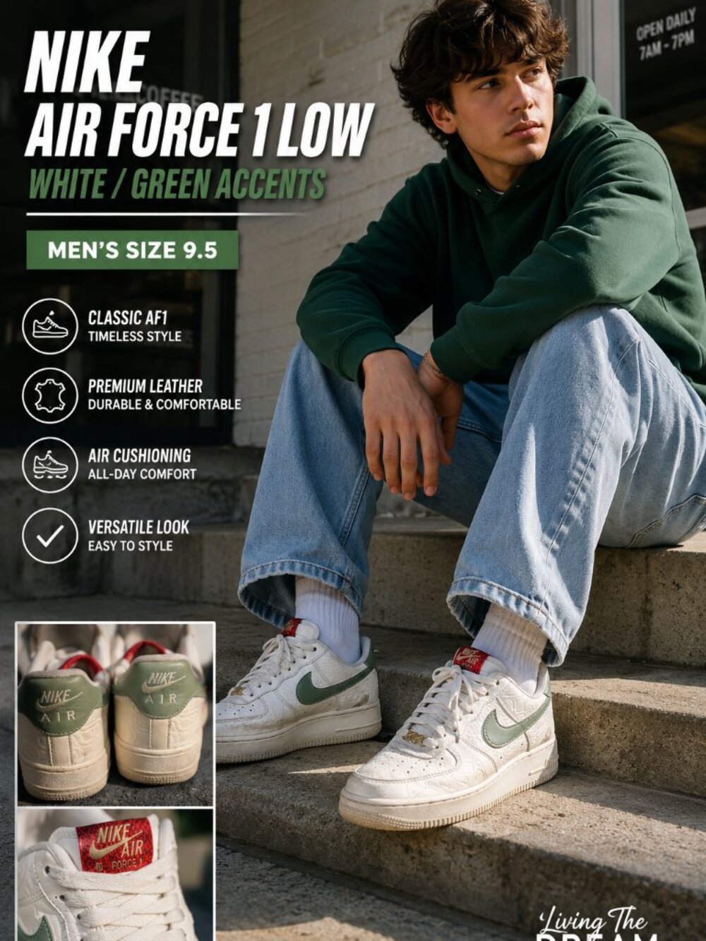 Nike Air Force 1 Low – White w/ Green Accents (Men’s 9.5)
